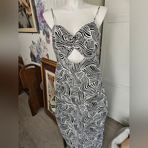 LOFT Beach Spiral Linen Blend Cutout Twist Midi Dress Black White Sz 14 Ex Cond